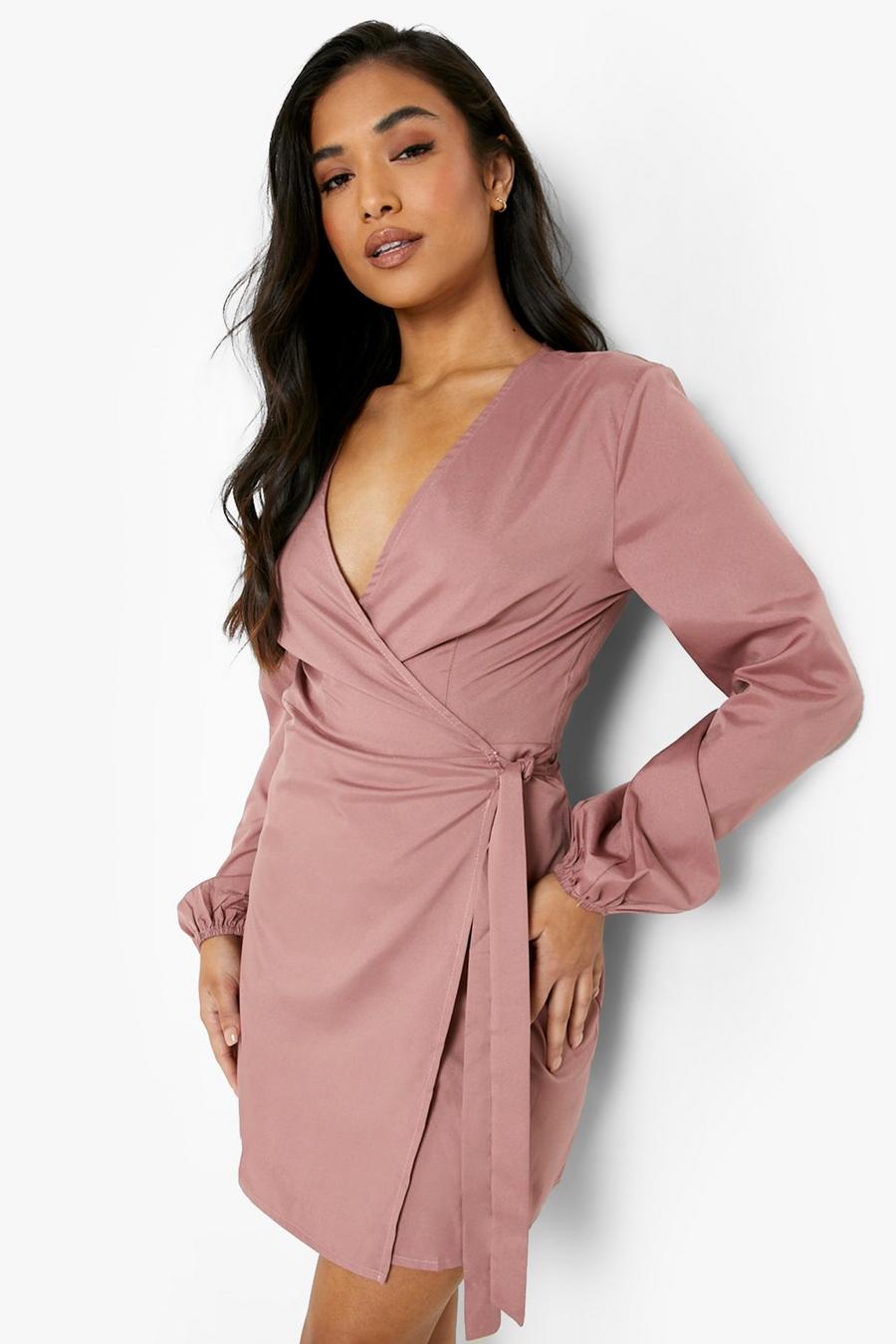 Dusty rose Petite Woven Puff Sleeve Belted Wrap Dress image number 1
