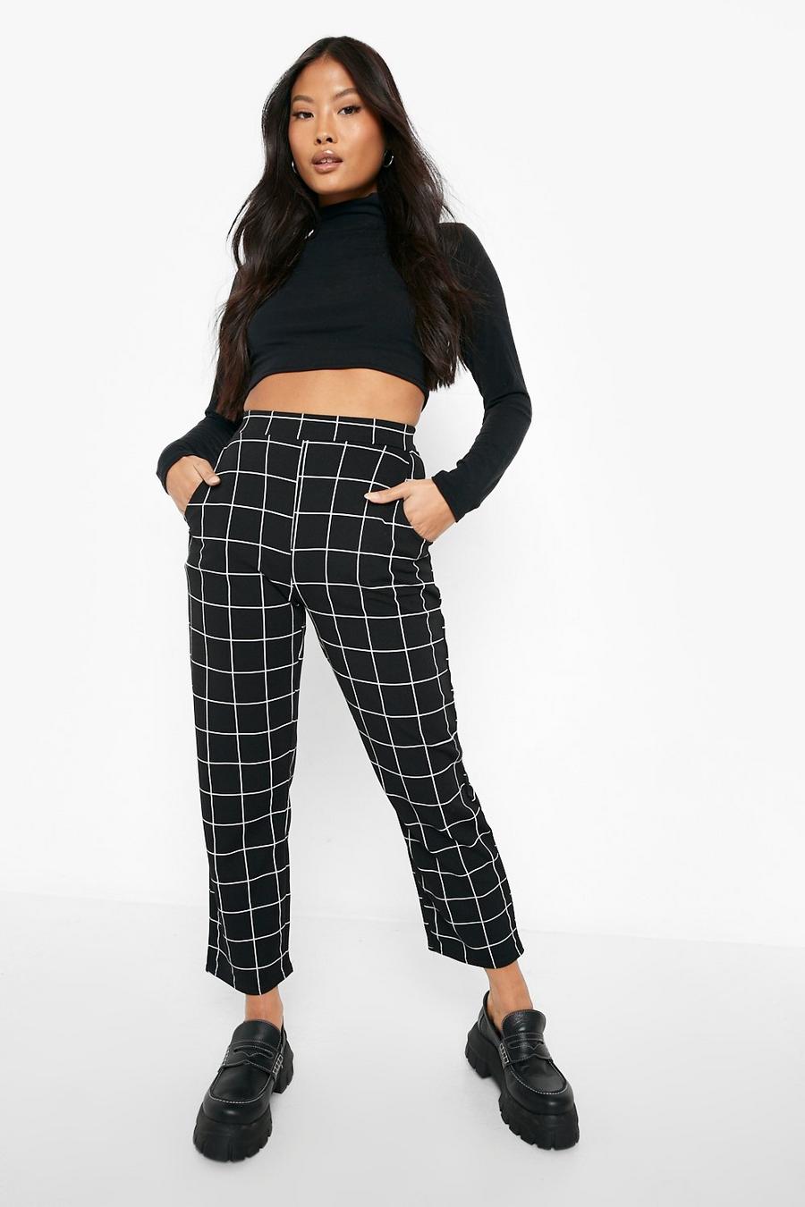 Black Petite Grid Check Tapered Trouser image number 1