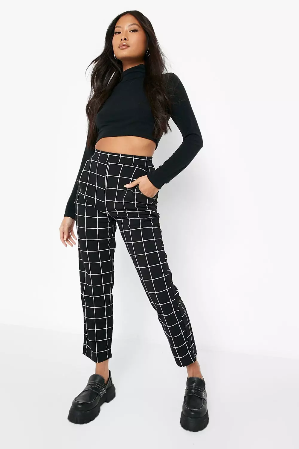 Petite checked sale tapered trousers