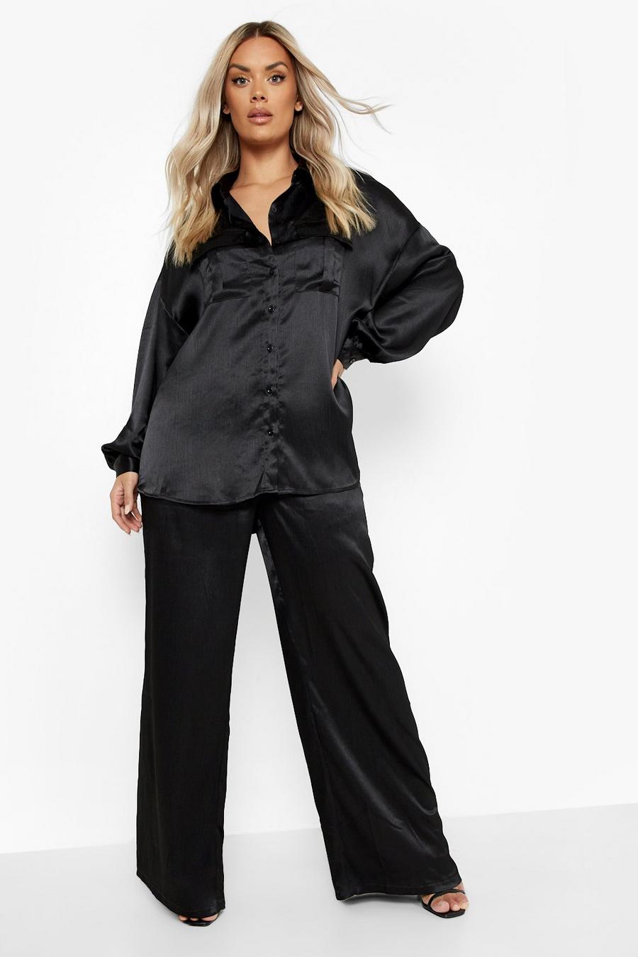 Camicia Plus Size rilassata in raso con trama in rilievo, Black image number 1