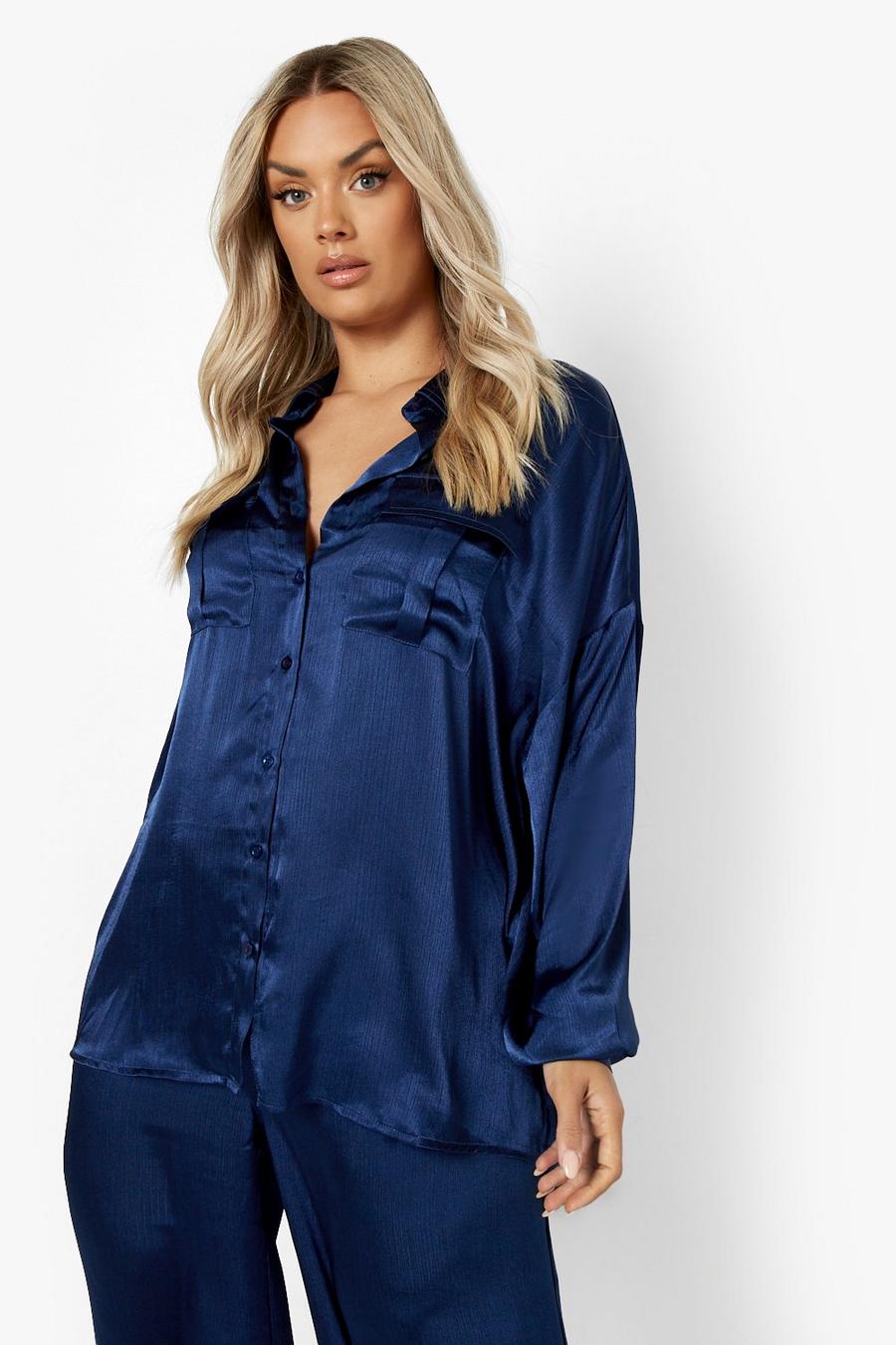 Camicia Plus Size rilassata in raso con trama in rilievo, Navy azul marino image number 1