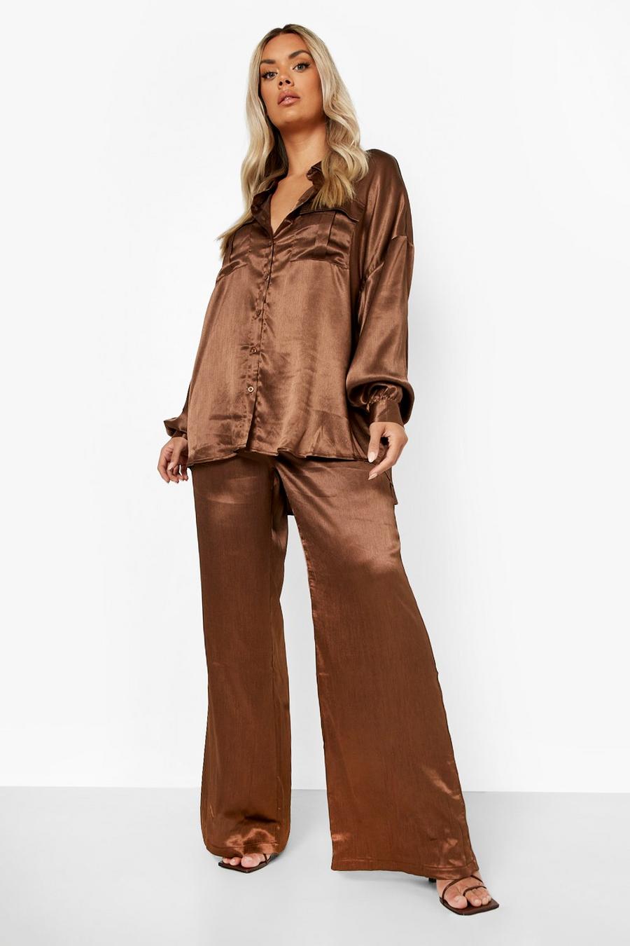 Pantaloni Plus Size a gamba ampia in raso con trama in rilievo, Chocolate image number 1