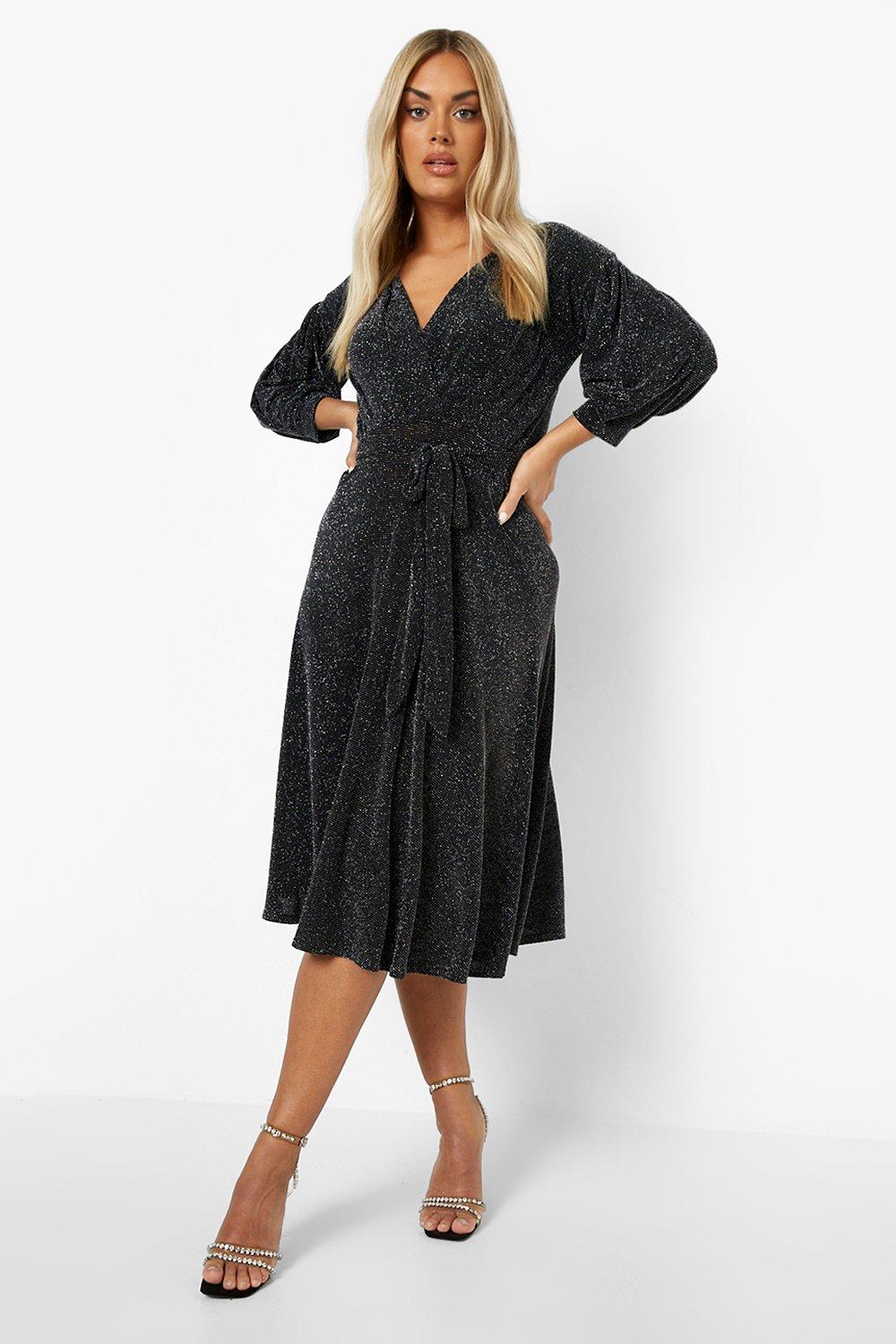 Boohoo plus metallic 2025 spot wrap midi dress