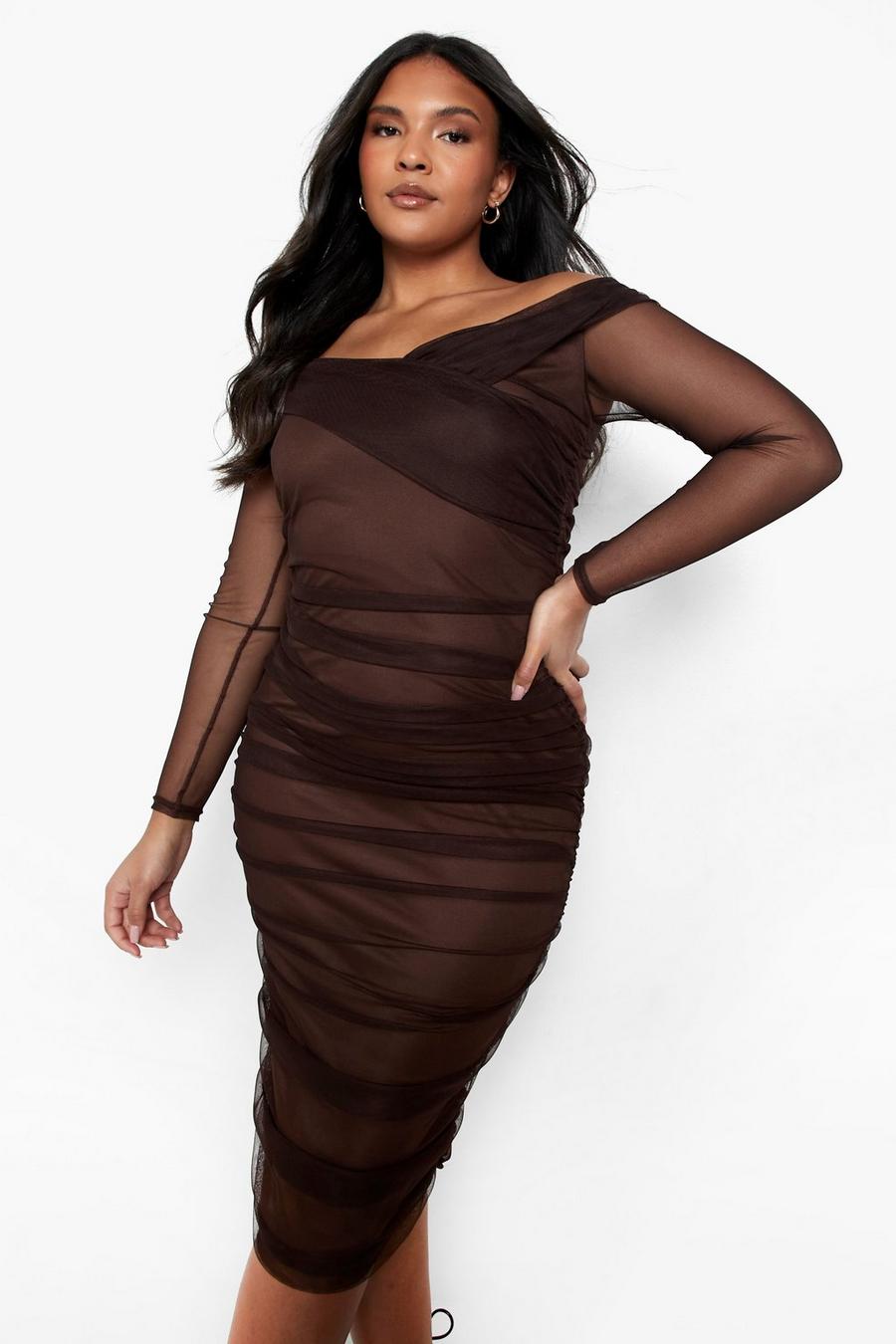 Chocolate brown Plus Off Shoulder Ruched Mesh Midi Dress image number 1