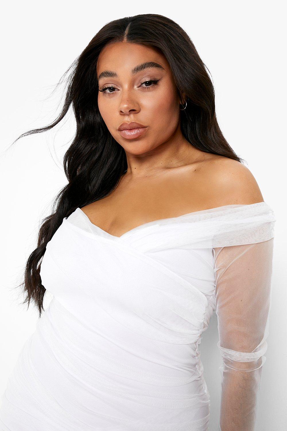 Off Shoulder Ruched Mesh Bodycon Midi Dress