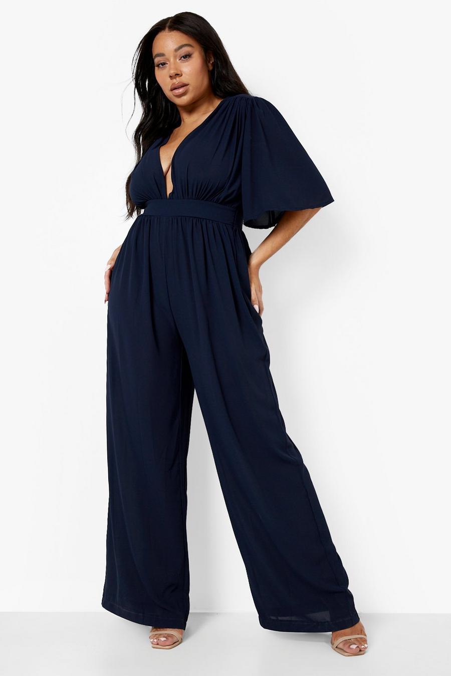 Navy Plus Occasion Chiffon Angel Sleeve Jumpsuit image number 1