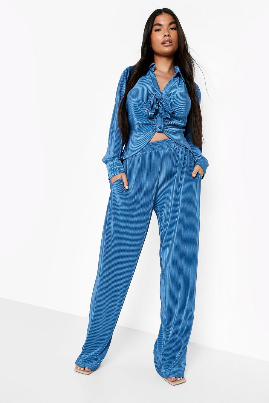 Blue Petite Plisse Relaxed Wide Leg Pants image number 1