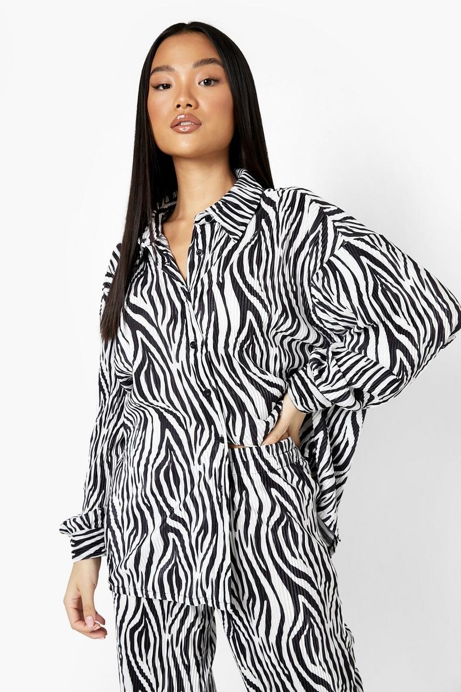 Black Petite Plisse Zebra Print Oversized Shirt image number 1