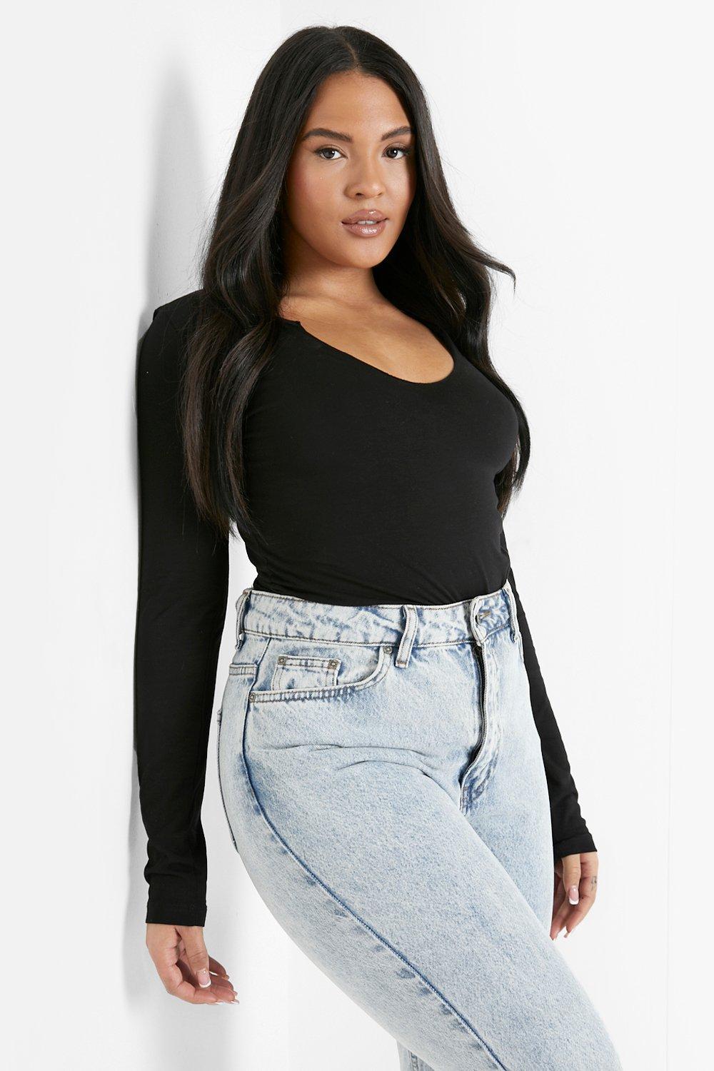 Plus Notch Neck Long Sleeve Bodysuit