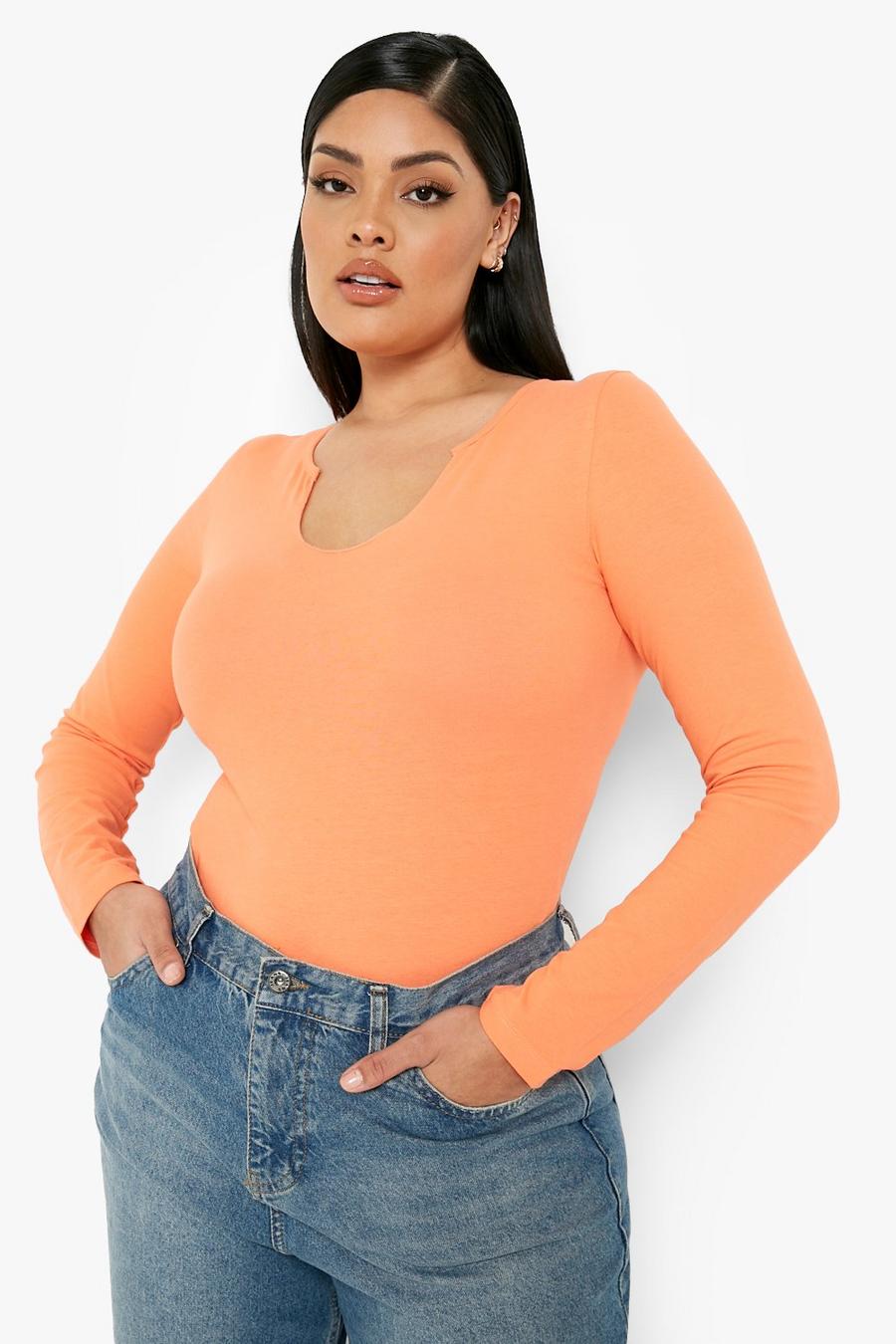 Orange Plus Notch Neck Long Sleeve Bodysuit image number 1
