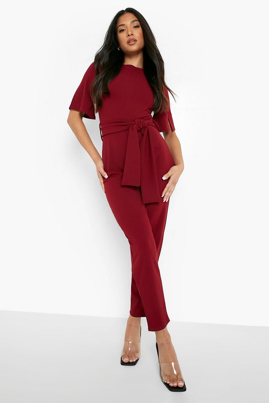 Wine red Petite Cape Sleeve Belted Tailored Jumpsuit