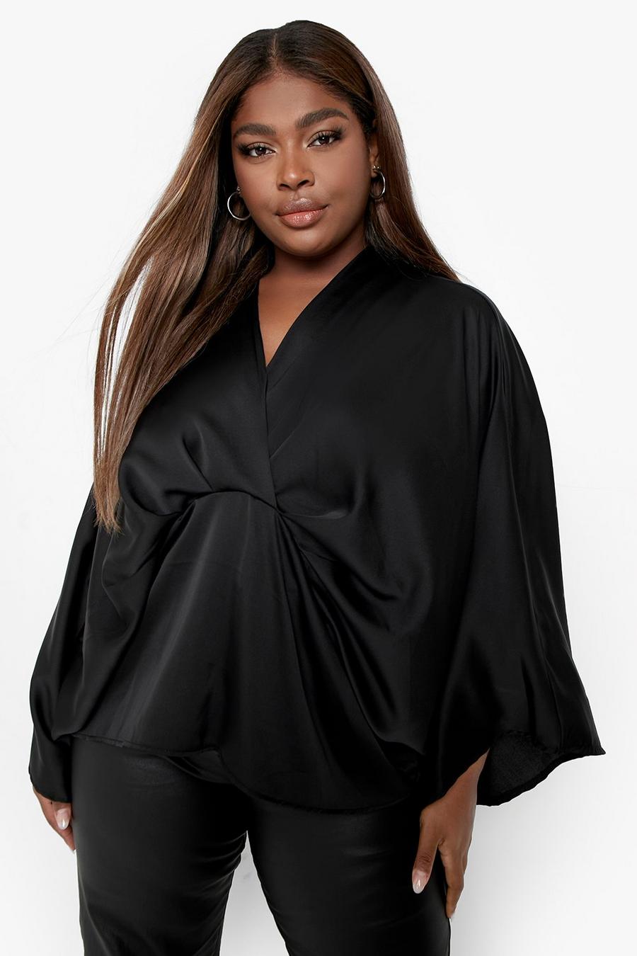 Blusa Plus Size in raso con nodo e maniche stile kimono, Black nero image number 1
