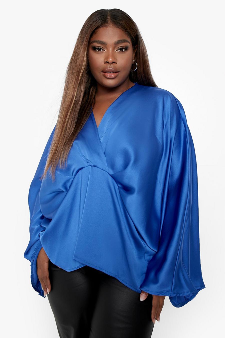 Blusa Plus Size in raso con nodo e maniche stile kimono, Cobalt azzurro