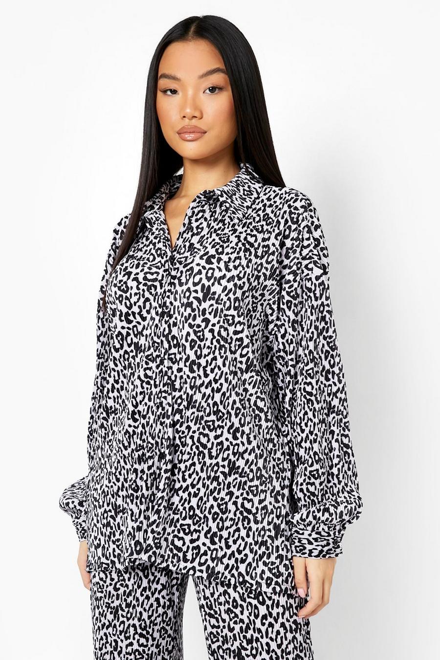 Grey Petite Plisse Leopard Print Oversized Shirt image number 1