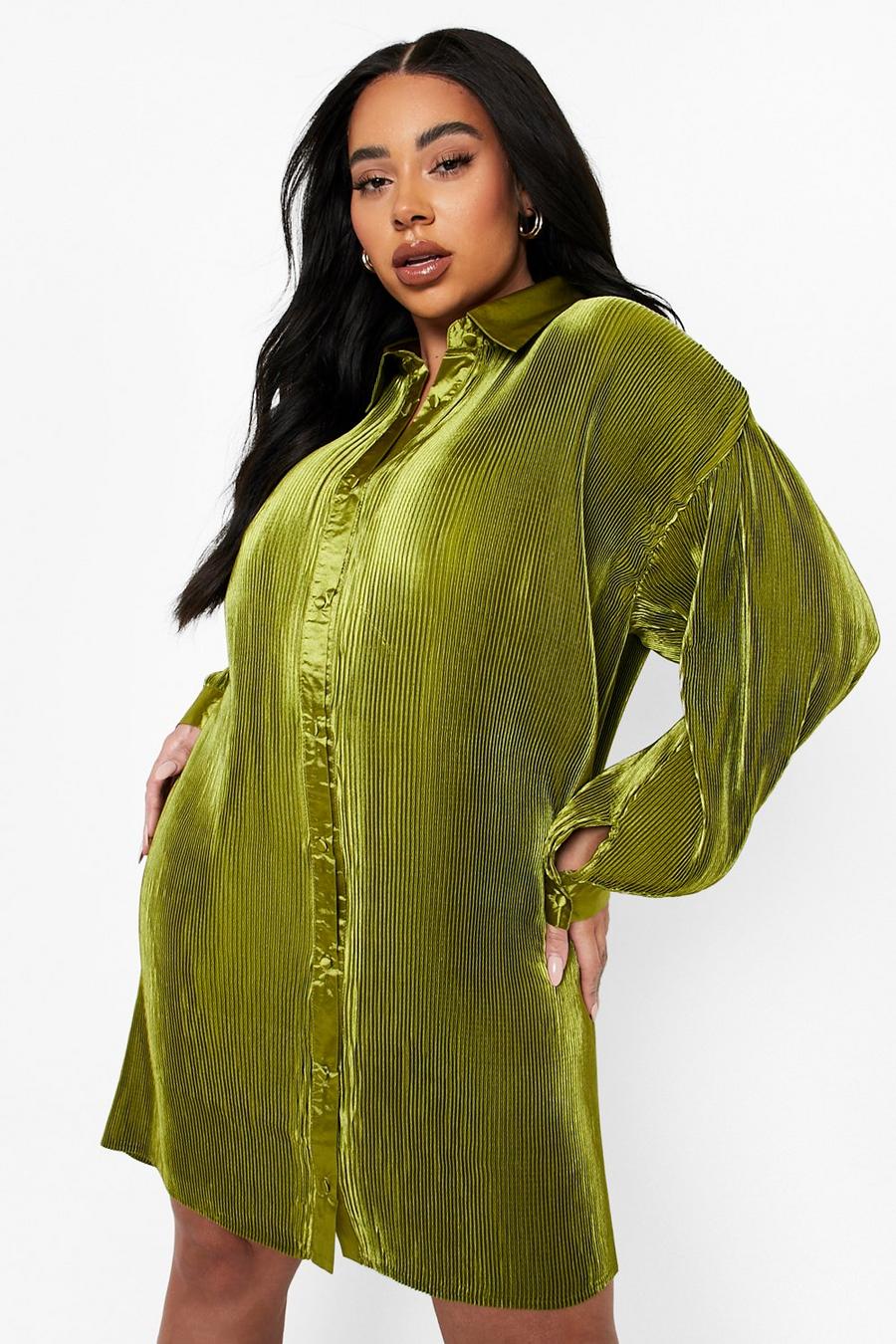 Olive green Plus Premium Plisse Oversized Shirt Dress