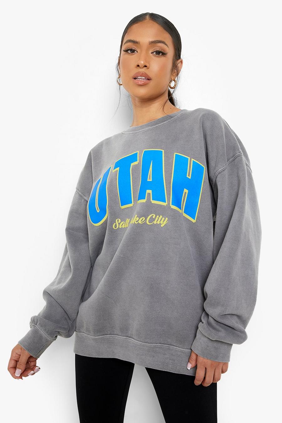Charcoal grey Petite Overdye Utah Printed Oversized Sweatshirt image number 1