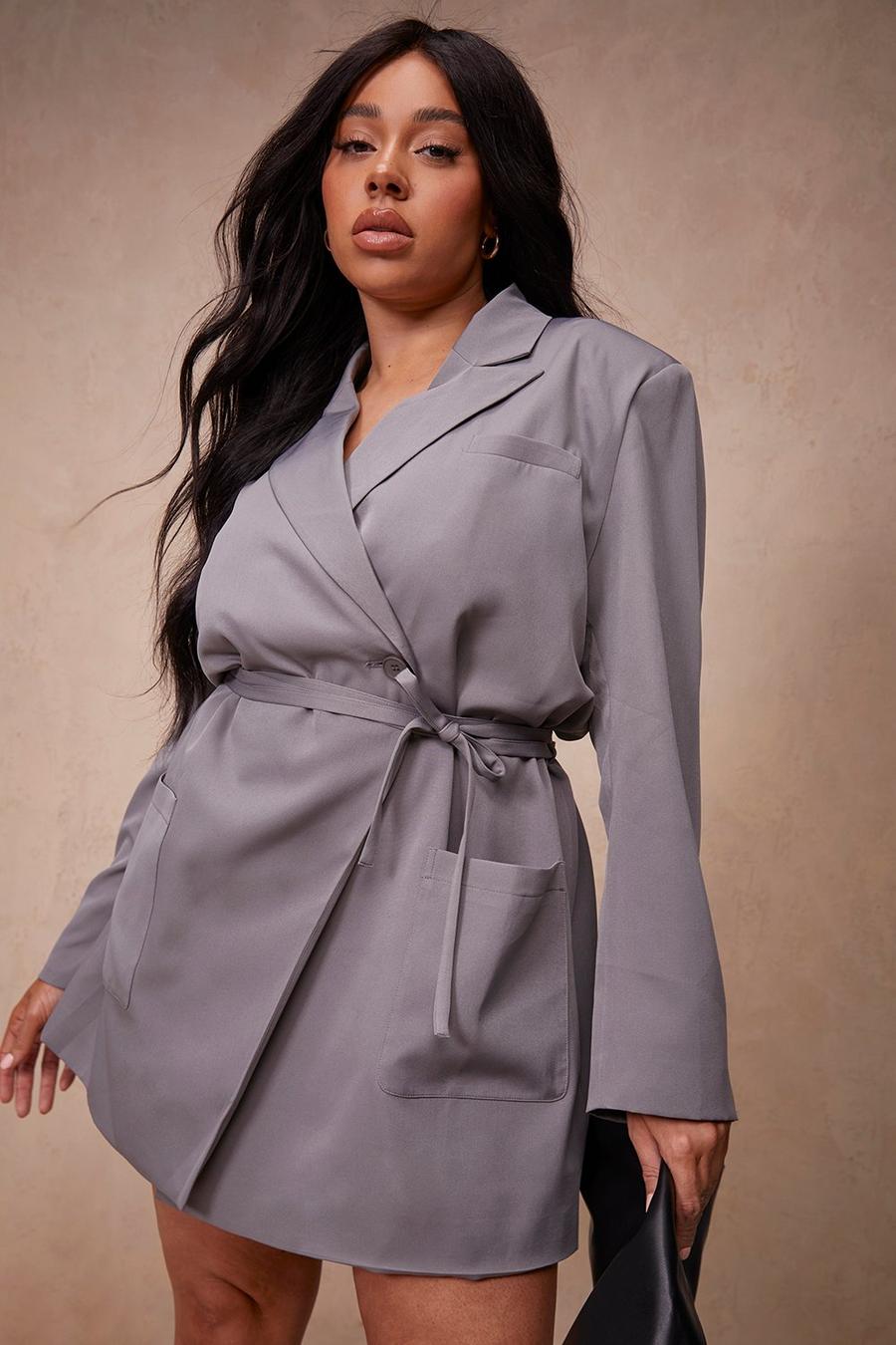 Charcoal grau Plus Belt Detail Blazer Dress