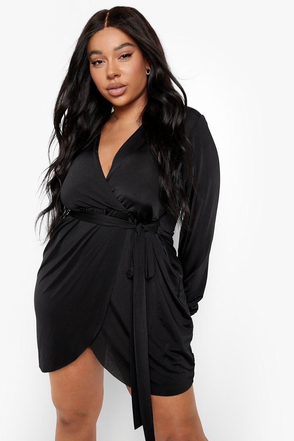 Boohoo black wrap dress online