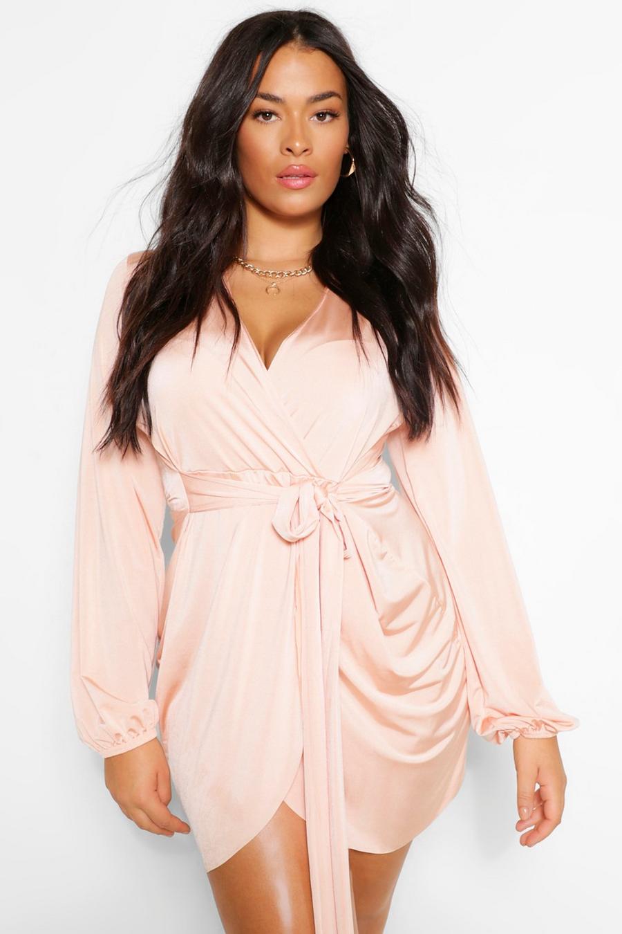 Blush rosa Plus Disco Slinky Belted Wrap Dress