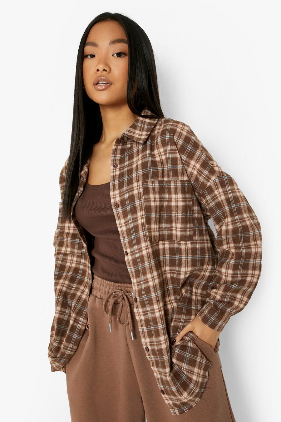 Brown Petite Oversized Frayed Check Shirt image number 1