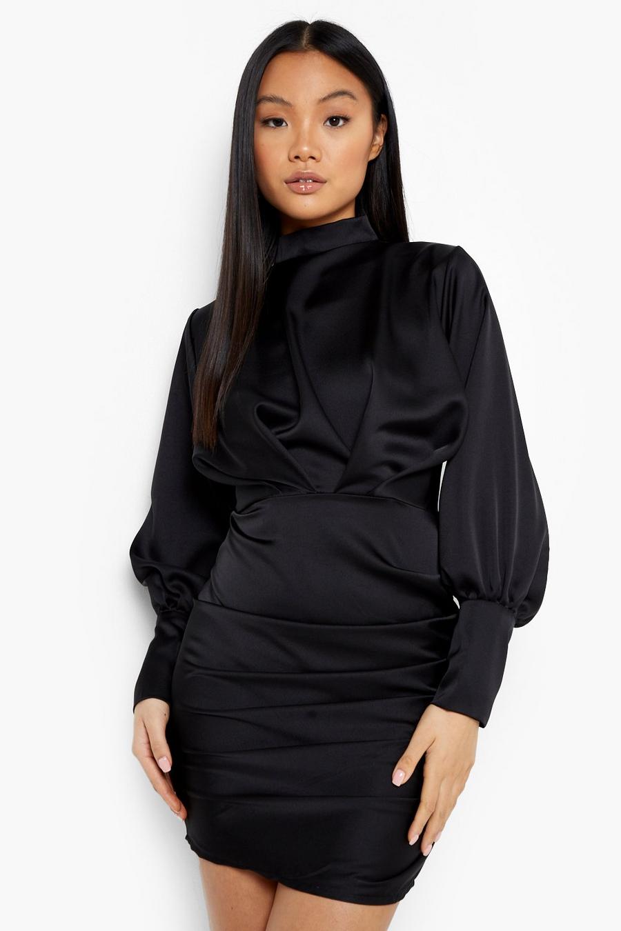 Black שמלת פטיט עם קפלים, כפתורים בחפתים וצווארון גבוה image number 1