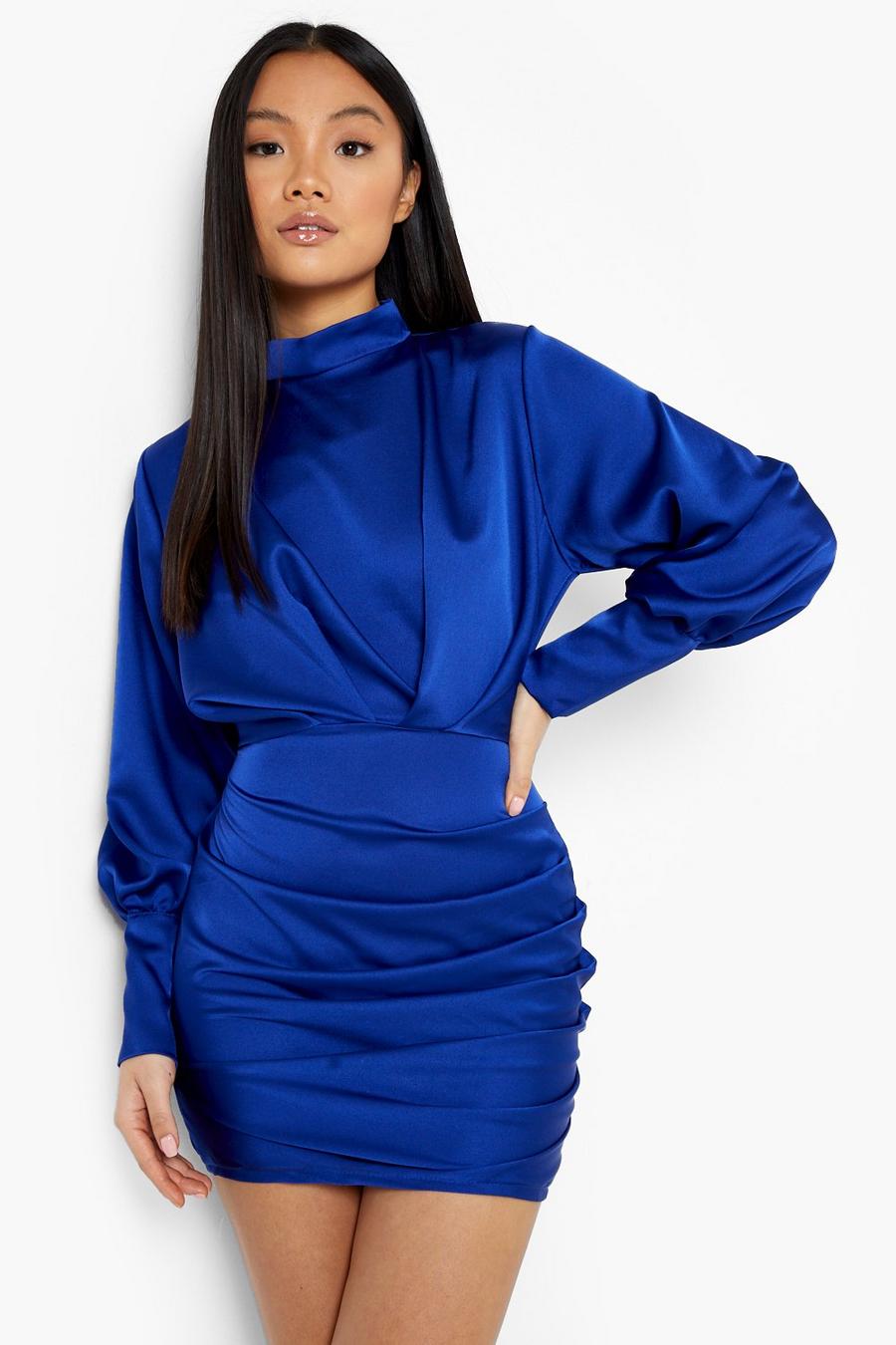 Cobalt Petite High Neck Button Cuff Ruched Dress image number 1