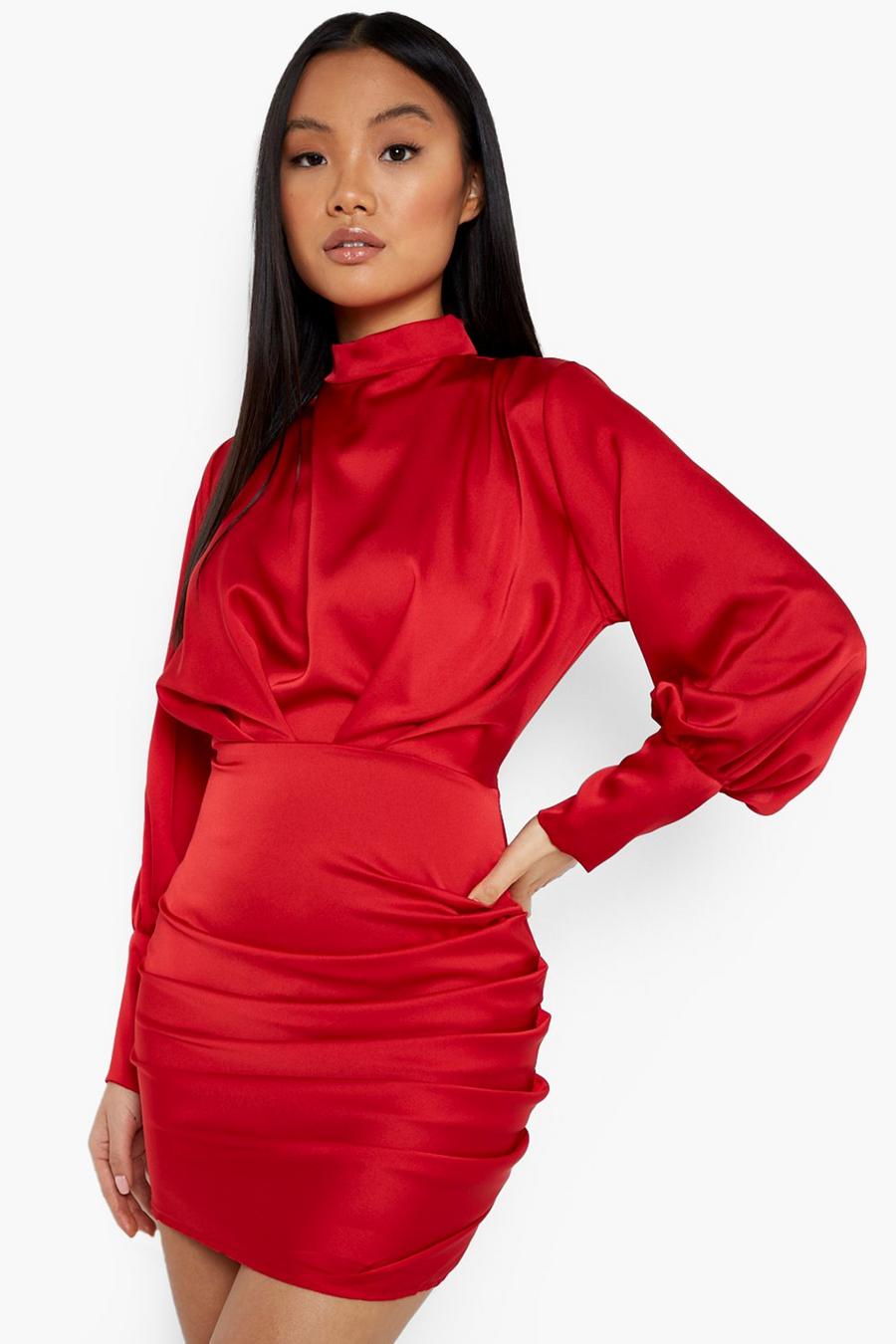 Red Petite High Neck Button Cuff Ruched Dress image number 1