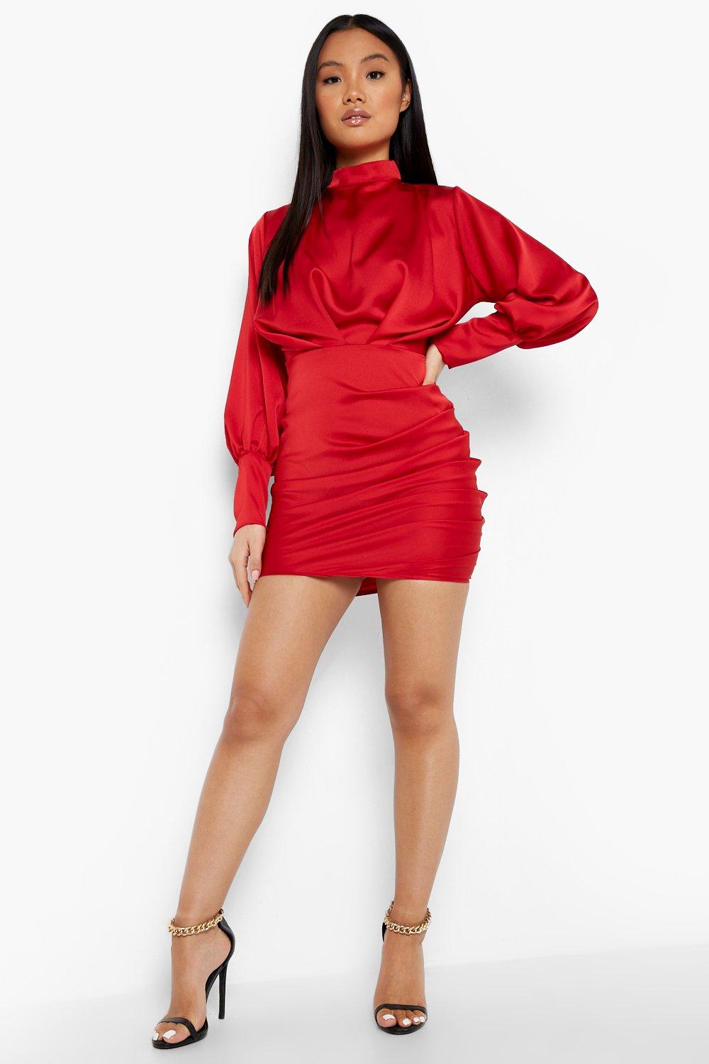 Women s Petite High Neck Button Cuff Ruched Dress Boohoo UK