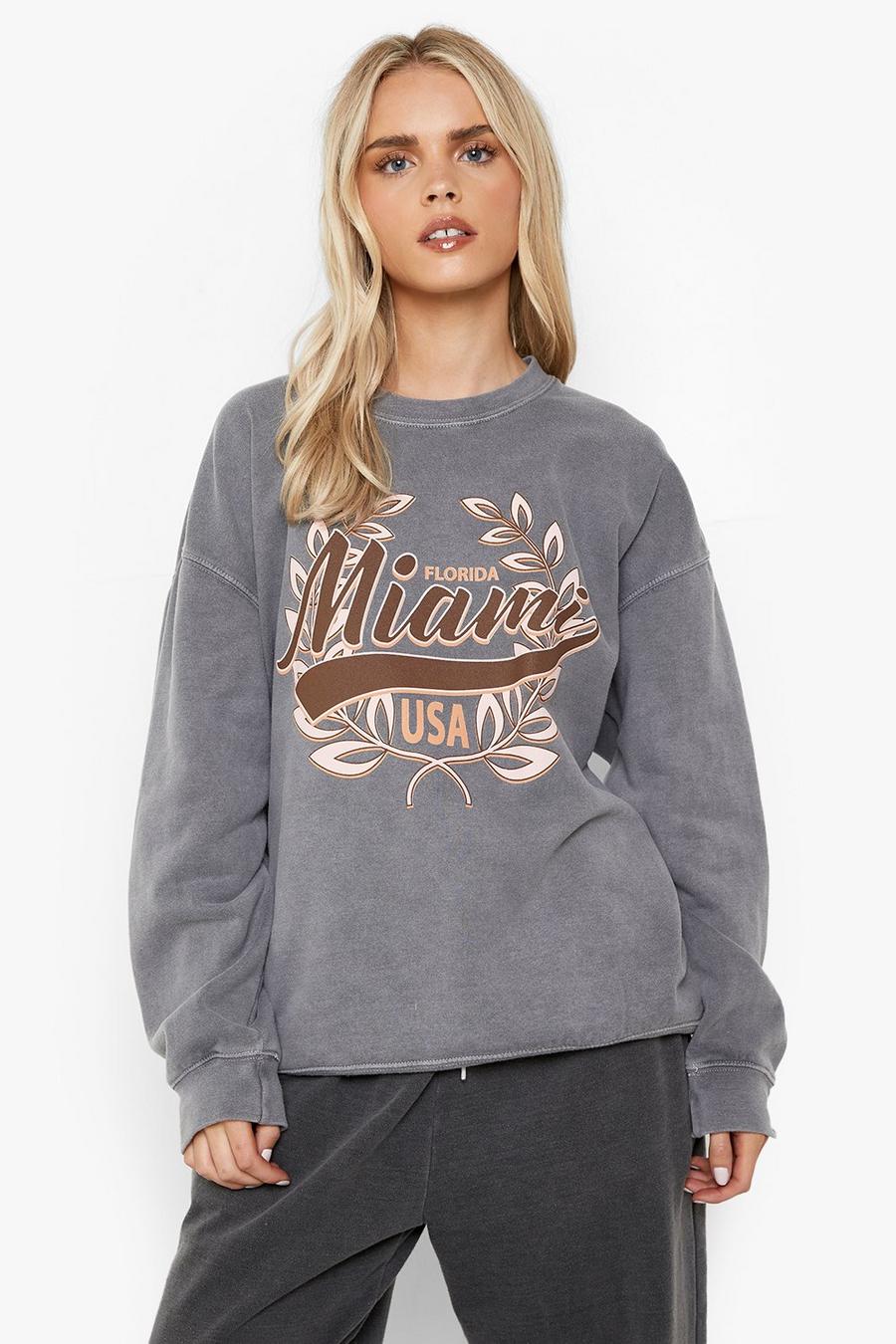 Charcoal grey Petite Overdye Miami Printed Oversized Sweatshirt