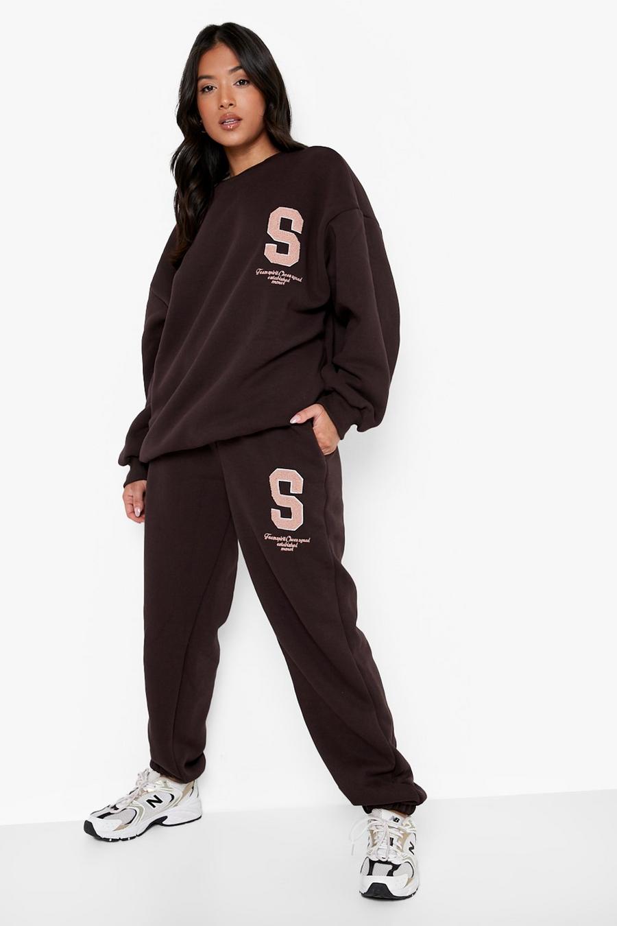 Chocolate brown Petite S Towelling Applique Sweat Tracksuit