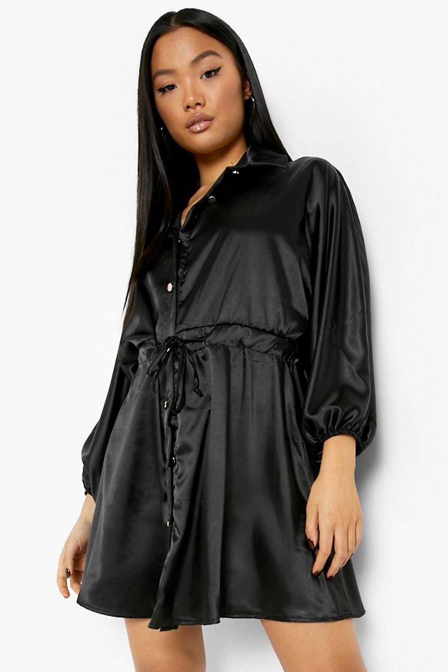 Black Petite Satin Ruched Waist Shirt Dress image number 1