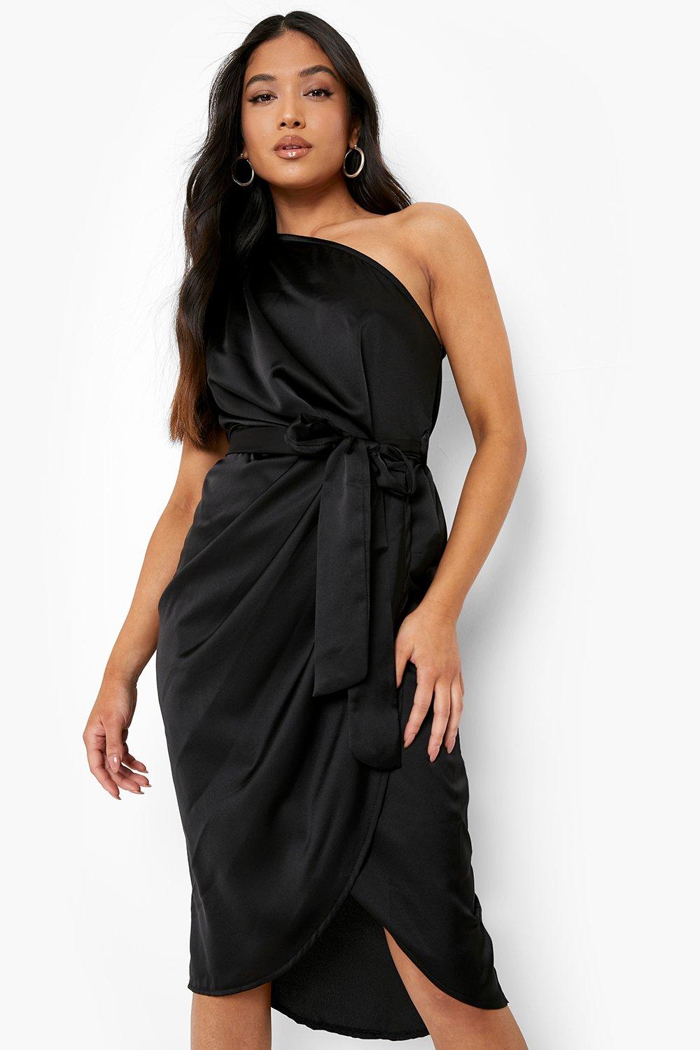 Petite Satin Wrap Asymmetric Belt Midi Dress boohoo NZ