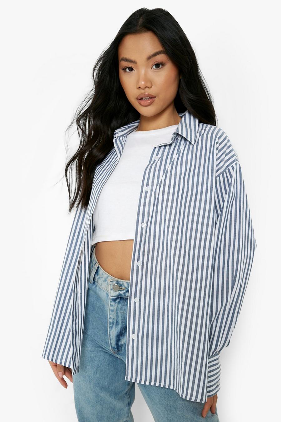Blue Petite Cotton Stripe Oversized Shirt