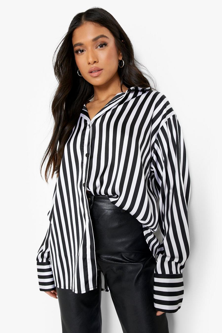 Black Petite Satin Stripe Oversized Shirt