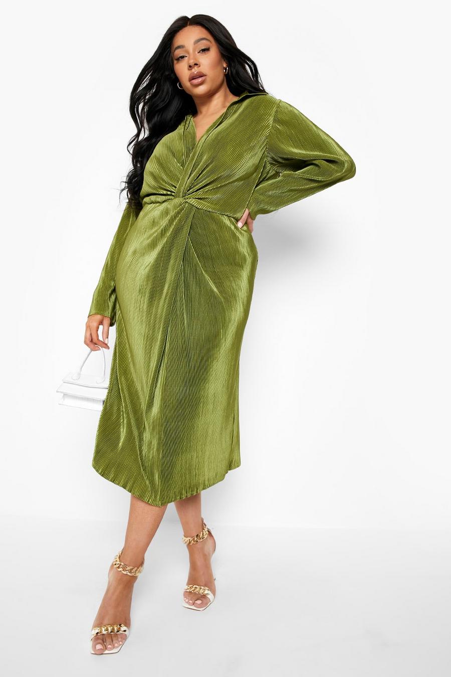 ירוק שמלת מידי פליסה עם פיתול בחזית, מידות גדולות image number 1