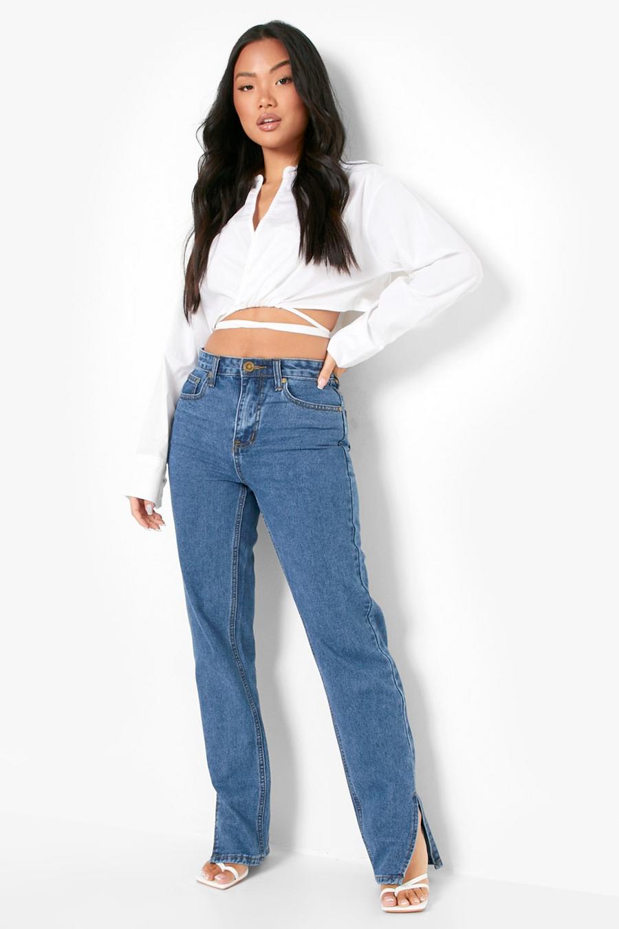Petite Basic Jeans mit geteiltem Saum und hohem Bund, Mid wash blau