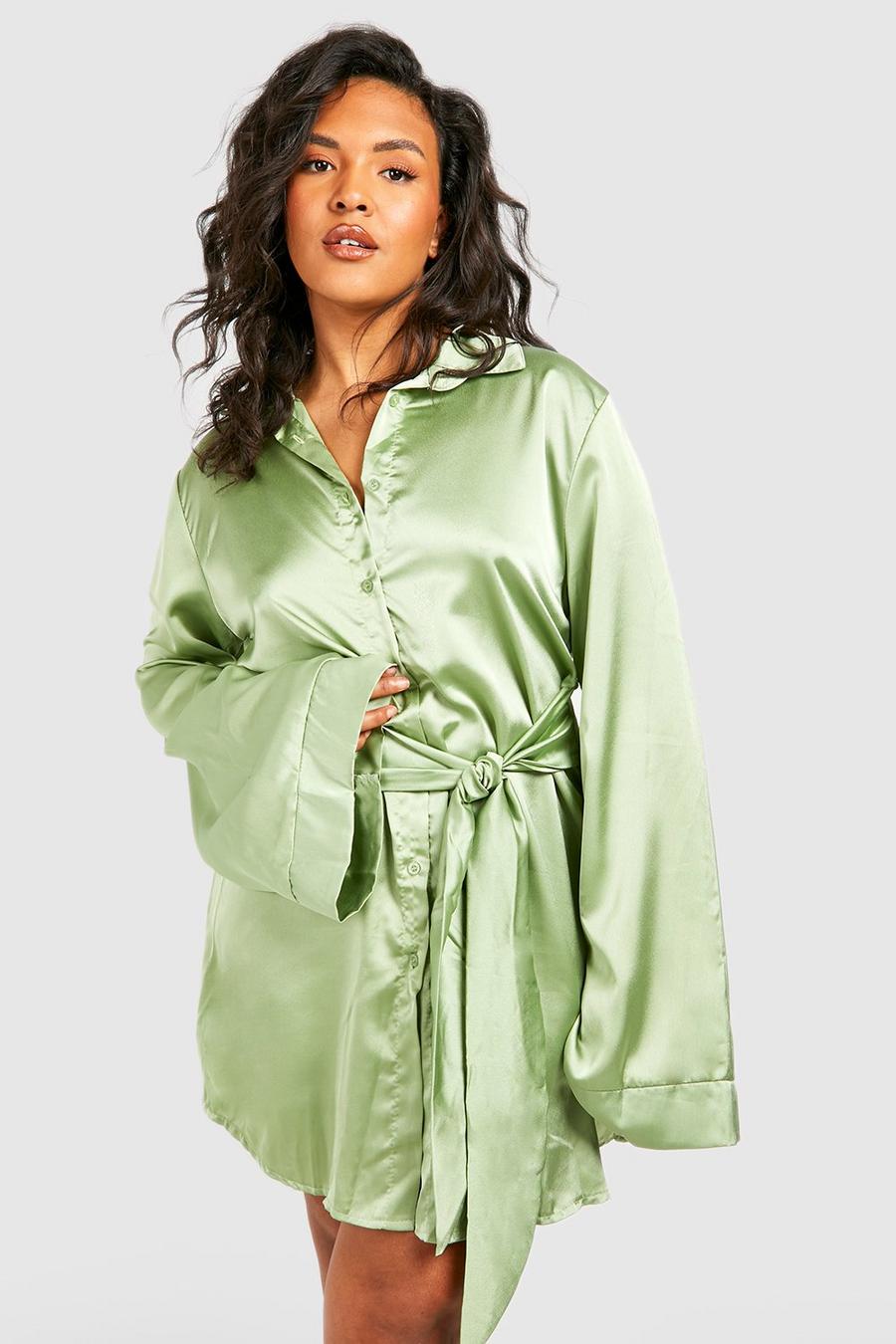 Olive green Plus Satin Wrap Shirt Dress