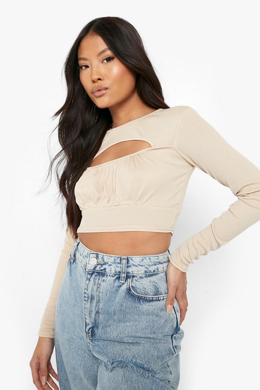 Stone Petite Cut Out Ruched Front Long Sleeve Crop Top image number 1