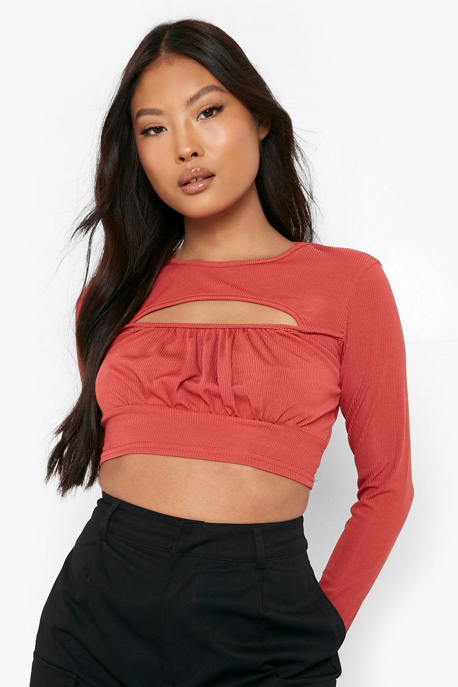 Terracotta Petite Cut Out Ruched Front Long Sleeve Crop Top image number 1