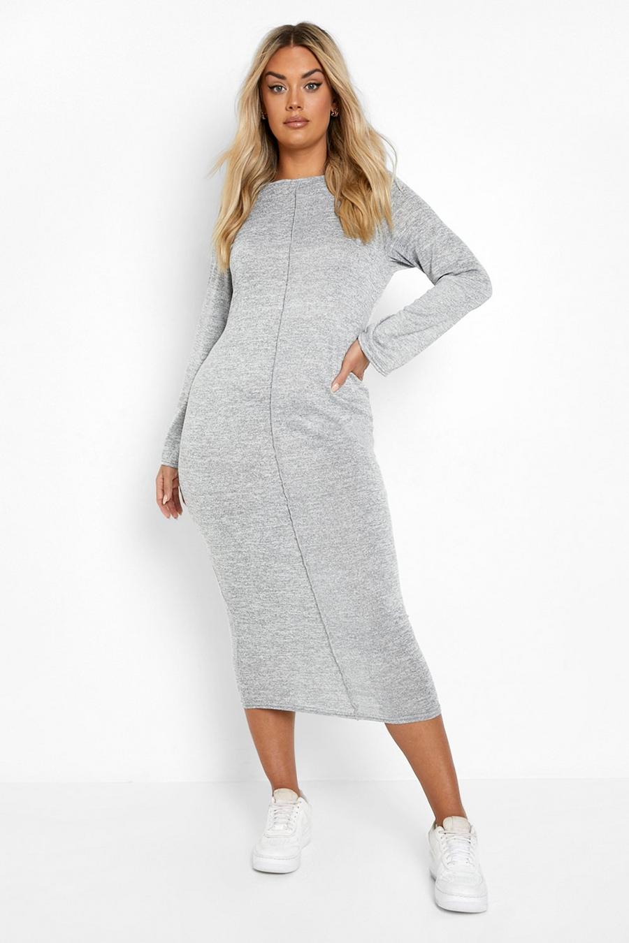 Grey Plus Knitted Seam Front Midi Dress image number 1