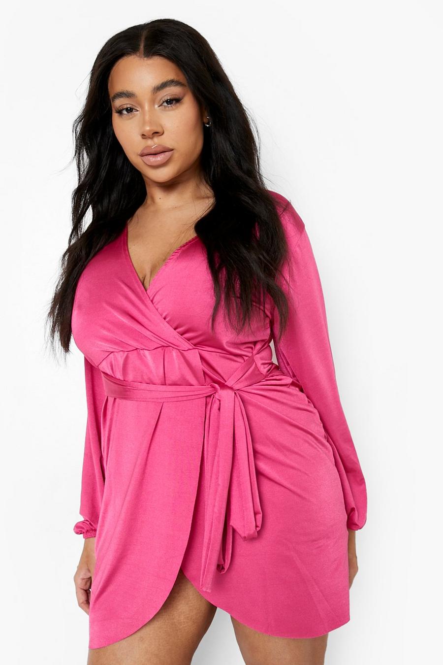Magenta pink Plus Disco Slinky Belted Wrap Dress image number 1