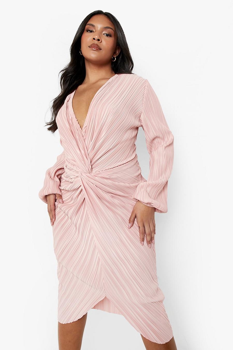 Blush pink Plus Plisse Twist Front Midi Dress image number 1