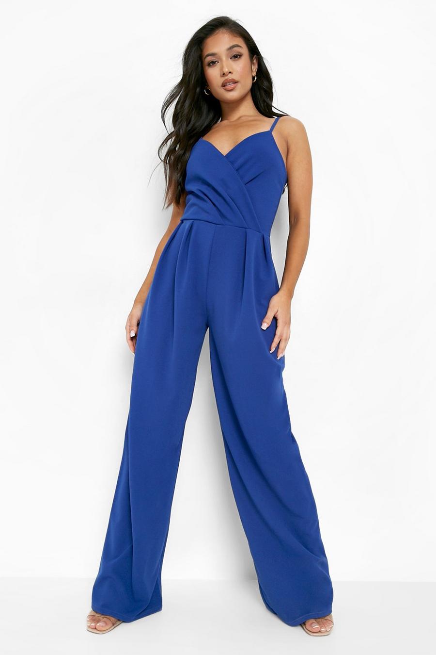 Boohoo Petite Cut Out Detail Wide Leg Jumpsuit in Cornflower Blue Blue Womens Clothing Jumpsuits and rompers 