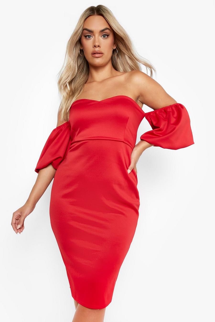 Red Plus Scuba Bardot Puff Sleeve Midi Dress image number 1