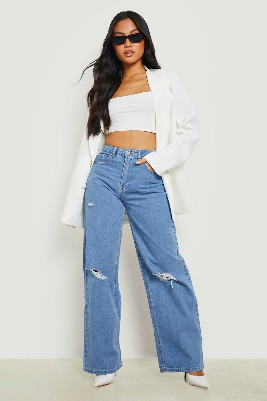 Mid blue bleu Petite Mid Rise Busted Knee Boyfriend Jeans image number 1