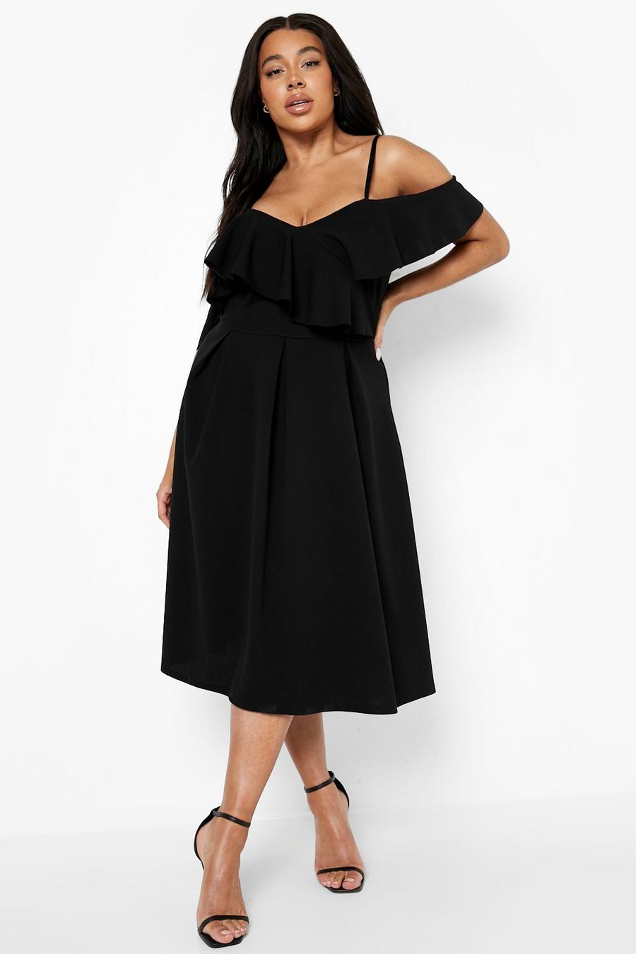 Black svart Plus Scuba Cold Shoulder Wrap Midi Dress