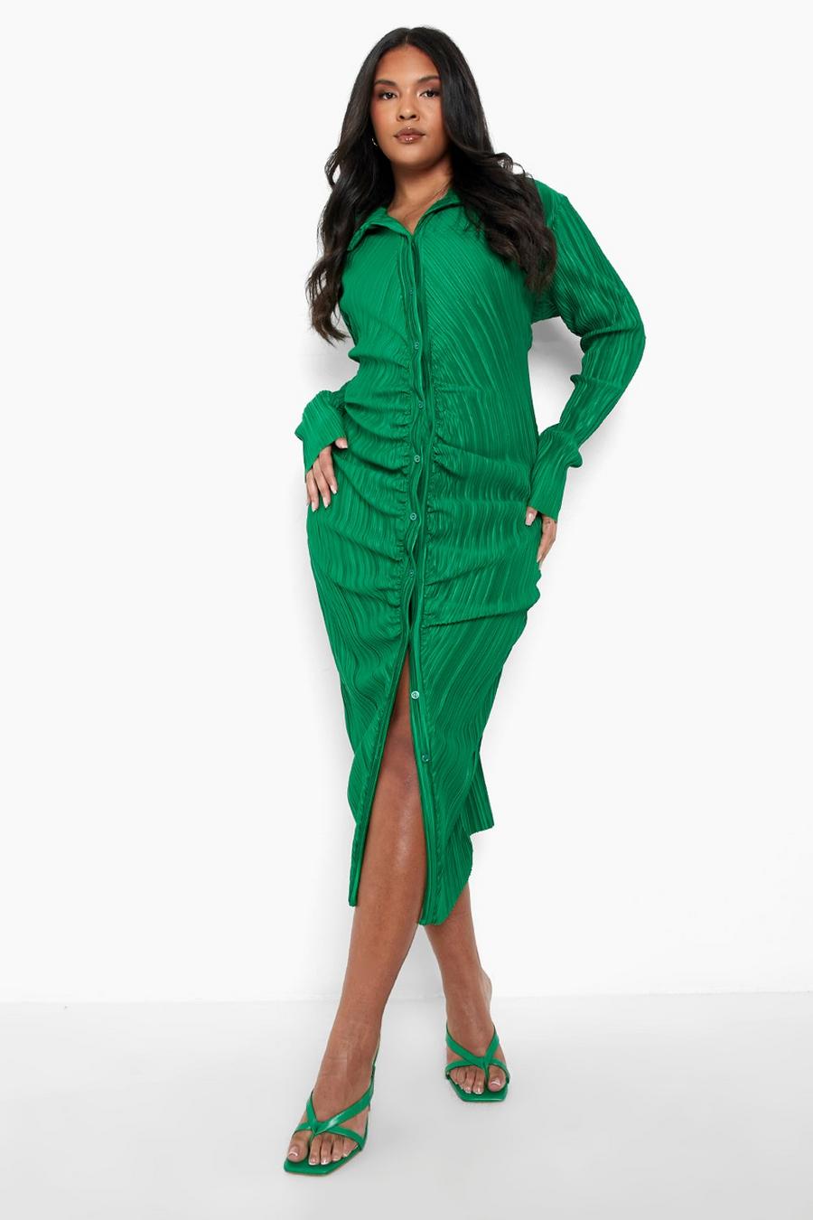 Green Plus Plisse Midaxi Ruched Shirt Dress image number 1