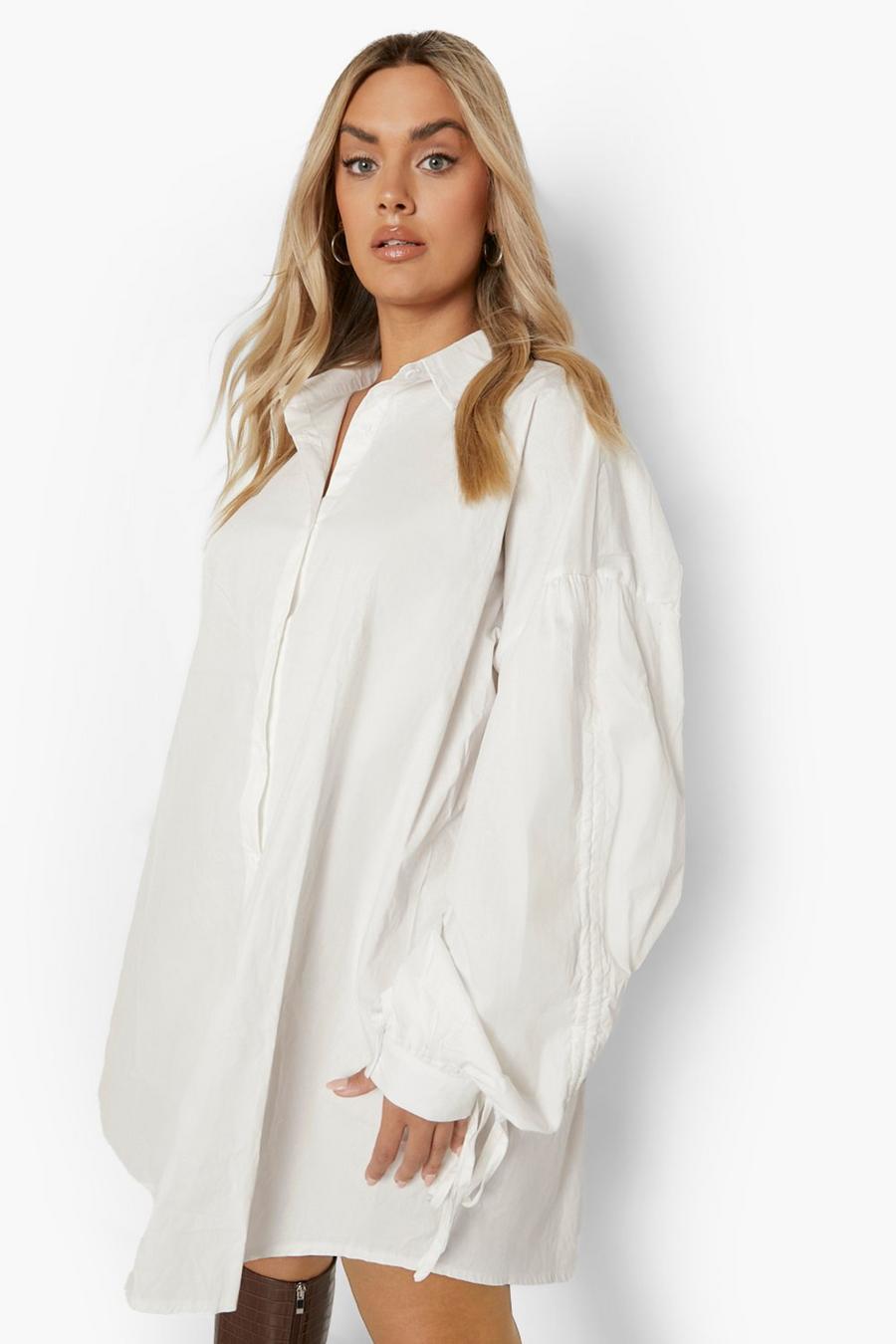 White Plus Oversized Ruched Sleeve Shirt Dress