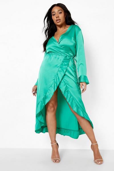 boohoo green Plus Ruffle Wrap Dress