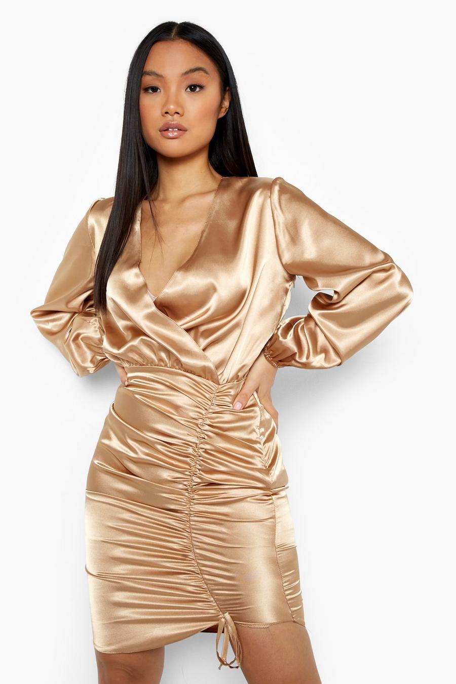 Gold Petite Satin Ruched Wrap Midi Dress image number 1